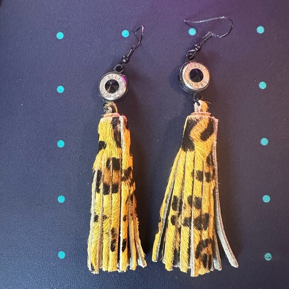 Leopard Print Cow Hair tassel earrings with bullet casings. - Picture 1 of 2